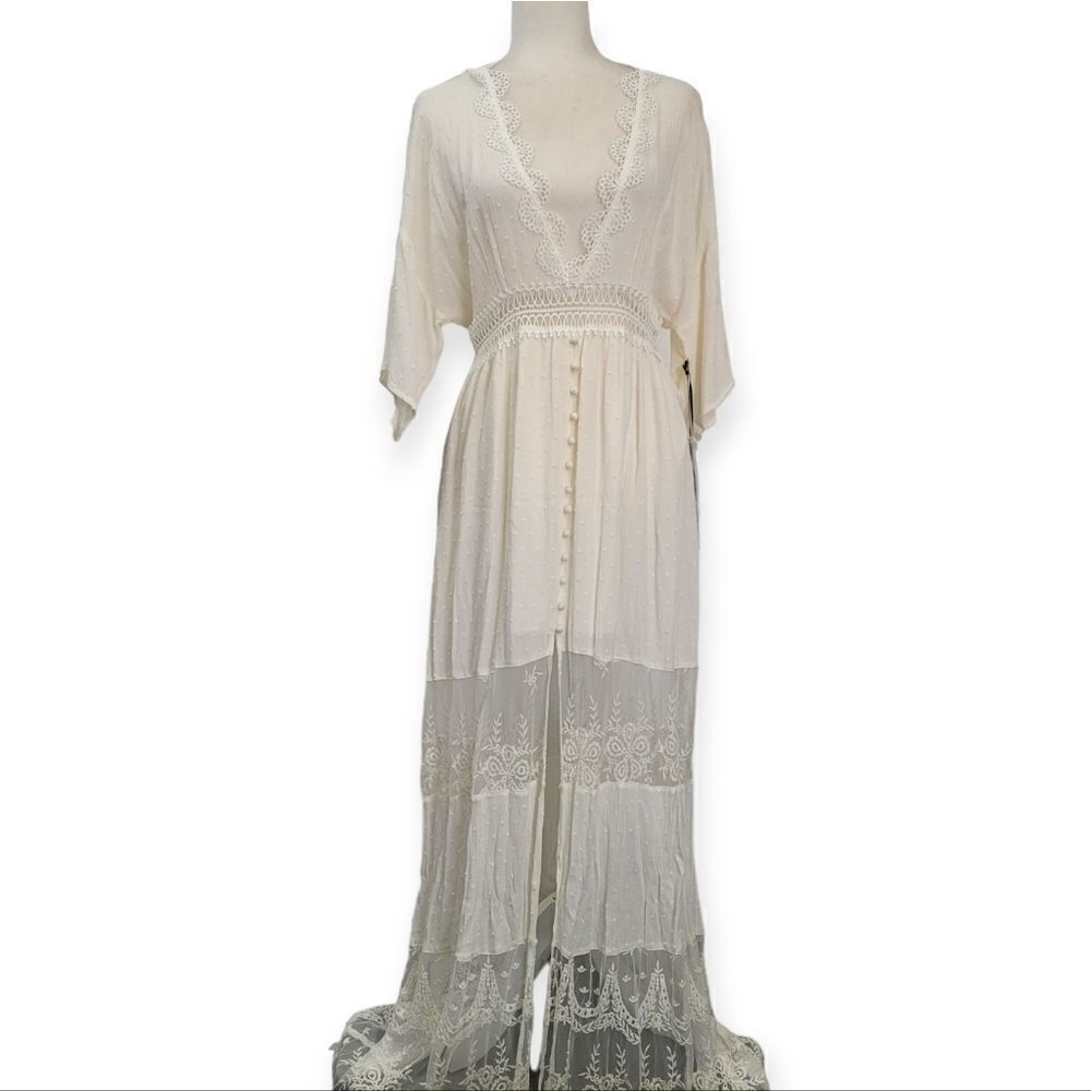 Boho Lace-Trim Cream Maxi Dress with Crochet Waist - Picture 13 of 14